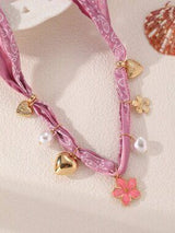 Pink Paisley Scarf Necklace with Heart Flower & Pearl Charms 🌸
