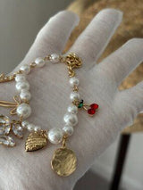 NWT Gold-Tone & Faux Pearl Charm Bracelet with Crystal CC & Cherries 🍒💎