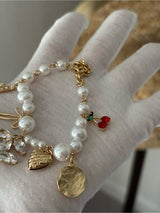 NWT Gold-Tone & Faux Pearl Charm Bracelet with Crystal CC & Cherries 🍒💎