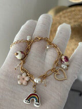 NWT Gold-Tone Whimsical Charm Bracelet w/ Ceramic Rainbow & Floral Beads 🌈🌸