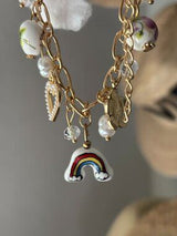 NWT Gold-Tone Whimsical Charm Bracelet w/ Ceramic Rainbow & Floral Beads 🌈🌸