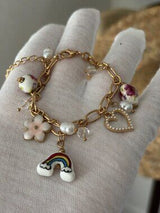 NWT Gold-Tone Whimsical Charm Bracelet w/ Ceramic Rainbow & Floral Beads 🌈🌸