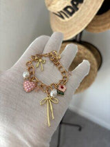NWT Gold-Tone Sweet Charm Bracelet w/ Polka Dot Heart, Bows & Pearls 🎀💖