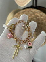 NWT Gold-Tone Sweet Charm Bracelet w/ Polka Dot Heart, Bows & Pearls 🎀💖