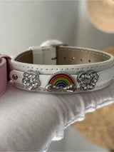 NWT Set of 2 Fun Pink & White Rainbow Rhinestone Leather Bracelets 🌈✨