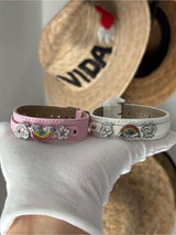 NWT Set of 2 Fun Pink & White Rainbow Rhinestone Leather Bracelets 🌈✨