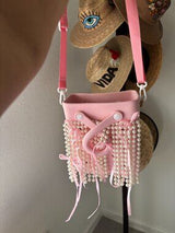 NWT Pastel Pink Pearl & Ribbon Embellished Bucket Bag 🎀💖