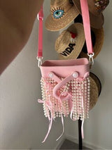 NWT Pastel Pink Pearl & Ribbon Embellished Bucket Bag 🎀💖