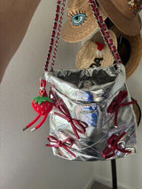 NWT Metallic Silver Quilted Bucket Bag w/ Red Bows & Strawberry Charm 🥈🍓
