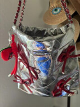 NWT Metallic Silver Quilted Bucket Bag w/ Red Bows & Strawberry Charm 🥈🍓