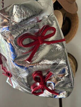 NWT Metallic Silver Quilted Bucket Bag w/ Red Bows & Strawberry Charm 🥈🍓
