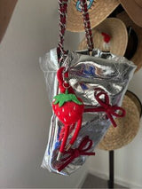 NWT Metallic Silver Quilted Bucket Bag w/ Red Bows & Strawberry Charm 🥈🍓