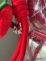 NWT Metallic Silver Quilted Bucket Bag w/ Red Bows & Strawberry Charm 🥈🍓