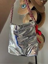 NWT Metallic Silver Quilted Bucket Bag w/ Red Bows & Strawberry Charm 🥈🍓