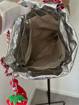 NWT Metallic Silver Quilted Bucket Bag w/ Red Bows & Strawberry Charm 🥈🍓