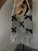 NWT Shimmering Silver Beaded Bag with Black Bows & Fringe 🥈🖤
