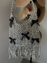 NWT Shimmering Silver Beaded Bag with Black Bows & Fringe 🥈🖤