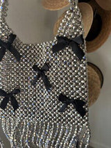NWT Shimmering Silver Beaded Bag with Black Bows & Fringe 🥈🖤