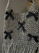 NWT Shimmering Silver Beaded Bag with Black Bows & Fringe 🥈🖤