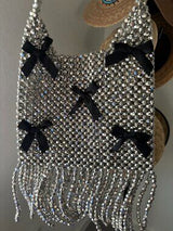 NWT Shimmering Silver Beaded Bag with Black Bows & Fringe 🥈🖤