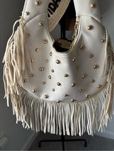 Ivory Studded Fringe Hobo Shoulder Bag Punk Boho Western Y2K Gold Rivets