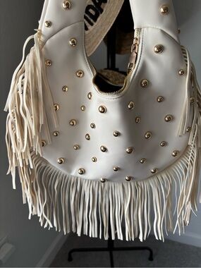 Ivory Studded Fringe Hobo Shoulder Bag Punk Boho Western Y2K Gold Rivets