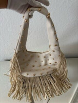 Ivory Studded Fringe Hobo Shoulder Bag Punk Boho Western Y2K Gold Rivets