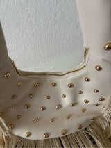 Ivory Studded Fringe Hobo Shoulder Bag Punk Boho Western Y2K Gold Rivets