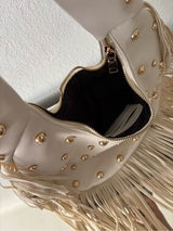 Ivory Studded Fringe Hobo Shoulder Bag Punk Boho Western Y2K Gold Rivets