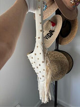 Ivory Studded Fringe Hobo Shoulder Bag Punk Boho Western Y2K Gold Rivets