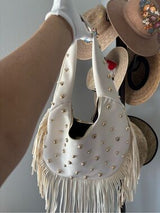 Ivory Studded Fringe Hobo Shoulder Bag Punk Boho Western Y2K Gold Rivets
