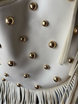 Ivory Studded Fringe Hobo Shoulder Bag Punk Boho Western Y2K Gold Rivets