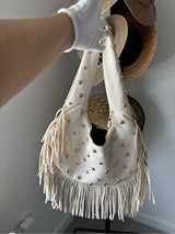 Ivory Studded Fringe Hobo Shoulder Bag Punk Boho Western Y2K Gold Rivets
