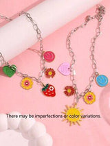 🌞🍓 2PC Colorful Charm Necklace Set Smiley Sun Strawberry Flower Y2K Boho 💖