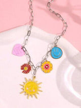 🌞🍓 2PC Colorful Charm Necklace Set Smiley Sun Strawberry Flower Y2K Boho 💖