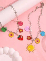 🌞🍓 2PC Colorful Charm Necklace Set Smiley Sun Strawberry Flower Y2K Boho 💖