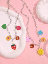 🌞🍓 2PC Colorful Charm Necklace Set Smiley Sun Strawberry Flower Y2K Boho 💖