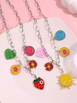 🌞🍓 2PC Colorful Charm Necklace Set Smiley Sun Strawberry Flower Y2K Boho 💖