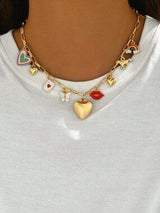 Gold Charm Necklace Heart Locket Rainbow Butterfly Lips Horse Layered Choker
