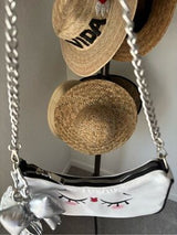 Cute Kawaii Sleepy Face Shoulder Bag White Black Silver Chain Bow Charm NWT
