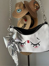 Cute Kawaii Sleepy Face Shoulder Bag White Black Silver Chain Bow Charm NWT