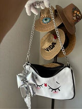 Cute Kawaii Sleepy Face Shoulder Bag White Black Silver Chain Bow Charm NWT