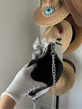 Cute Kawaii Sleepy Face Shoulder Bag White Black Silver Chain Bow Charm NWT
