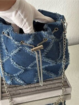 Denim Bucket Bag Frayed Patchwork Silver Chain Crossbody Shoulder Purse Blue