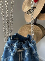 Denim Bucket Bag Frayed Patchwork Silver Chain Crossbody Shoulder Purse Blue