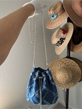 Denim Bucket Bag Frayed Patchwork Silver Chain Crossbody Shoulder Purse Blue