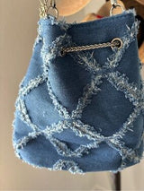 Denim Bucket Bag Frayed Patchwork Silver Chain Crossbody Shoulder Purse Blue