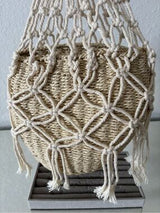 Boho Woven Straw Basket Bag Macrame Wood Ring Handle Beach Tote Cream Tan