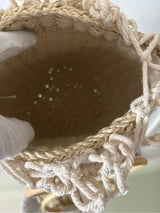 Boho Woven Straw Basket Bag Macrame Wood Ring Handle Beach Tote Cream Tan