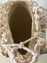 Boho Woven Straw Basket Bag Macrame Wood Ring Handle Beach Tote Cream Tan